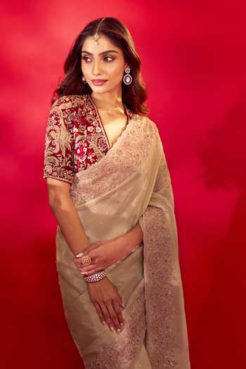 Azeera_Gold Tissue Yashvi Bordered Saree With Unstitched Blouse Piece _at_Aza_Fashions