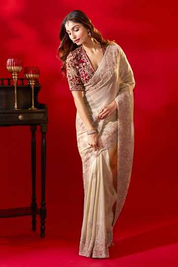 Buy_Azeera_Gold Tissue Yashvi Bordered Saree With Unstitched Blouse Piece 