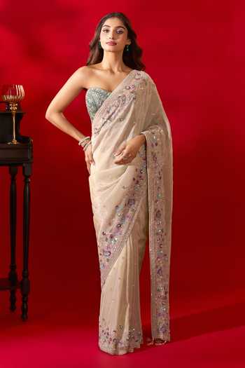 Shop Azeera Gold Tissue Embroidery, Sequins Sweetheart Neck Floral Border Saree And Corset Online at Aza Fashions Shop_Azeera_Gold Tissue Embroidery, Sequins Sweetheart Neck Floral Border Saree And Corset _Online_at_Aza_Fashions