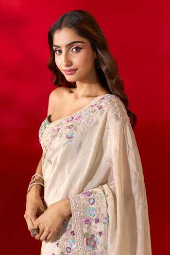 Buy Azeera Gold Tissue Embroidery, Sequins Sweetheart Neck Floral Border Saree And Corset Buy_Azeera_Gold Tissue Embroidery, Sequins Sweetheart Neck Floral Border Saree And Corset