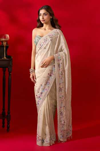 Shop Azeera Gold Tissue Embroidery, Sequins Sweetheart Neck Floral Border Saree And Corset Shop_Azeera_Gold Tissue Embroidery, Sequins Sweetheart Neck Floral Border Saree And Corset