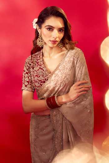 Azeera_Ivory Tissue Inayat Embroidered Saree With Unstitched Blouse Piece _at_Aza_Fashions