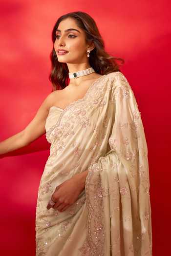 Azeera_Green Tissue Inayat Saree With Unstitched Blouse Piece _at_Aza_Fashions