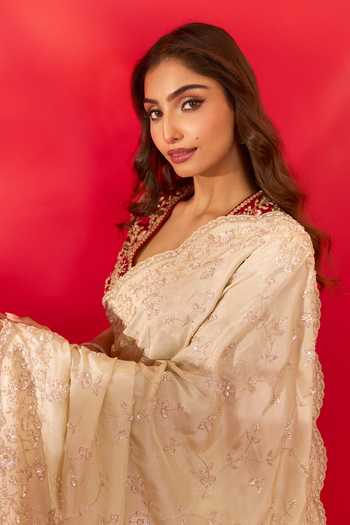 Buy_Azeera_Gold Tissue Inayat Embroidered Saree Unstitched Blouse Piece _Online_at_Aza_Fashions