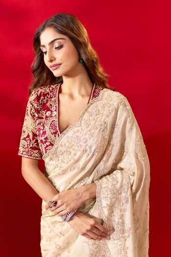 Shop_Azeera_Gold Tissue Inayat Embroidered Saree Unstitched Blouse Piece 