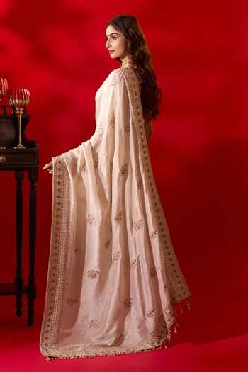 Azeera_Ivory Tissue Navneet Embroidered Saree With Unstitched Blouse Piece _at_Aza_Fashions