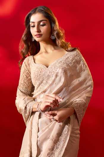Azeera_Ivory Tissue Sufiyana Embroidered Saree With Unstitched Blouse Piece _at_Aza_Fashions