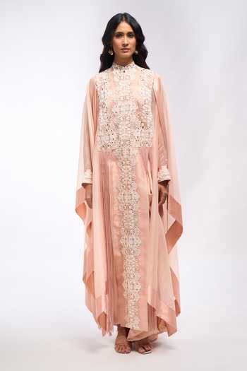 Shop_Anamika Khanna_Pink Scoop Neck Embroidered Cape Kurta And Draped Skirt Set _Online_at_Aza_Fashions