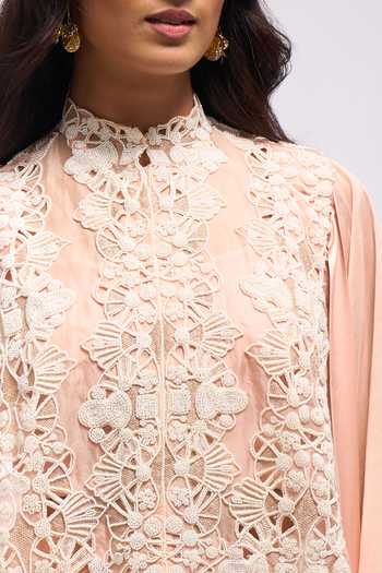 Buy_Anamika Khanna_Pink Scoop Neck Embroidered Cape Kurta And Draped Skirt Set 