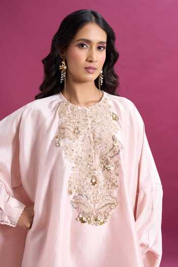 Buy_Anamika Khanna_Pink Round Neck Floral Embroidered Top And Sharara Set _Online_at_Aza_Fashions
