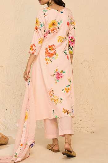 Chrkha Pink Floral Print Kurta Set For Kids