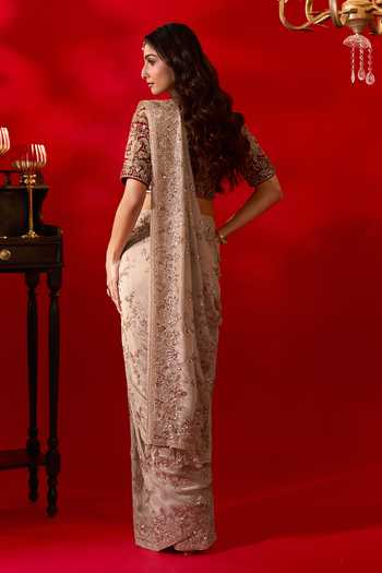 Azeera Coral Embroidered Saree With Unstitched Blouse Piece 