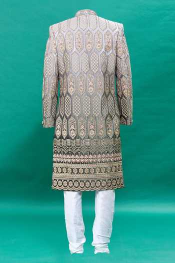 Rng Safawala Grey & Off White Embroidered Sherwani Set For Kids