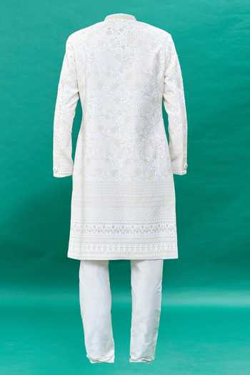 Rng Safawala Off White Raw Silk Embroidered Sherwani Set For Kids