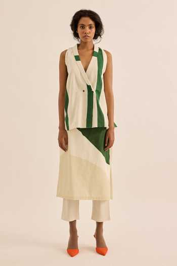 Buy_Kharakapas_Green Muslin (mulmul) Shawl Neck Laurel Striped Waistcoat 