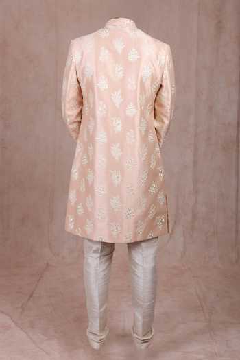 Rng Safawala Pink Raw Silk Embroidered Sherwani Set For Kids