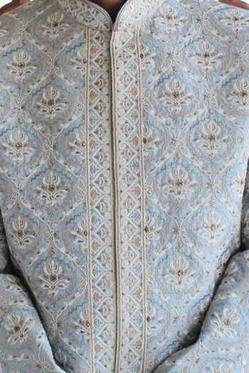 Rng Safawala Floral Embroidered Ice Blue Sherwani Set For Kids