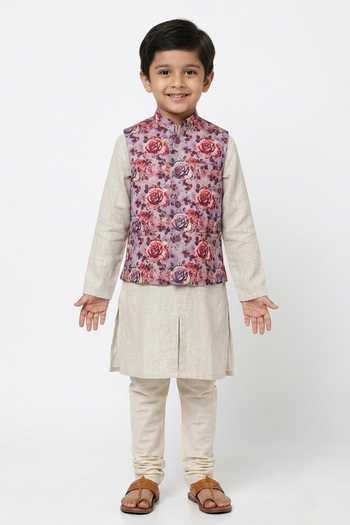 Mayank Modi - Men Floral Printed Nehru Jacket For Kids