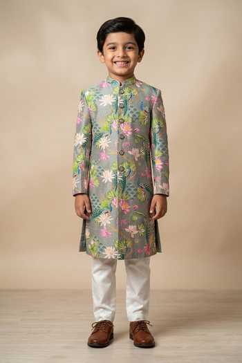 Chrkha Floral Print Sherwani & Pant Set For Kids