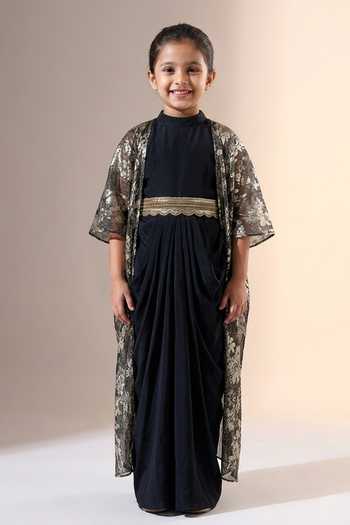 Buy Aakaar X AZA Gold Modal, Mohair Sequins, Beads Floral Pattern Textured Cape Dress Set For Kids at Aza Fashions Buy_Aakaar X AZA_Gold Modal, Mohair Sequins, Beads Floral Pattern Textured Cape Dress Set For Kids_at_Aza_Fashions