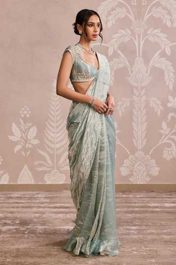 Ridhi Mehra Green Tissue Leaf Neck Placement Embroidered Saree With Blouse Online at Aza Fashions Ridhi Mehra_Green Tissue Leaf Neck Placement Embroidered Saree With Blouse _Online_at_Aza_Fashions