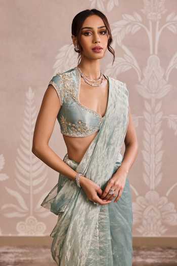 Buy Ridhi Mehra Green Tissue Leaf Neck Placement Embroidered Saree With Blouse Online at Aza Fashions Buy_Ridhi Mehra_Green Tissue Leaf Neck Placement Embroidered Saree With Blouse _Online_at_Aza_Fashions