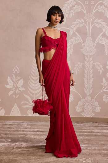 Ridhi Mehra Red Georgette, Organza Sweetheart Neck Saree With Ruffle Blouse at Aza Fashions Ridhi Mehra_Red Georgette, Organza Sweetheart Neck Saree With Ruffle Blouse _at_Aza_Fashions