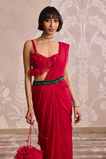 Ridhi Mehra Red Georgette, Organza Sweetheart Neck Saree With Ruffle Blouse Online at Aza Fashions Ridhi Mehra_Red Georgette, Organza Sweetheart Neck Saree With Ruffle Blouse _Online_at_Aza_Fashions