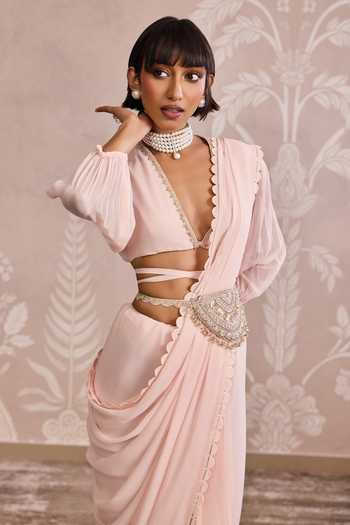 Buy Ridhi Mehra Pink Georgette V-neck Placement Embroidered Saree With Blouse Online at Aza Fashions Buy_Ridhi Mehra_Pink Georgette V-neck Placement Embroidered Saree With Blouse _Online_at_Aza_Fashions