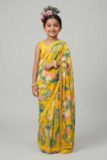 Chrkha Floral Printed Chanderi Silk Saree For Kids
