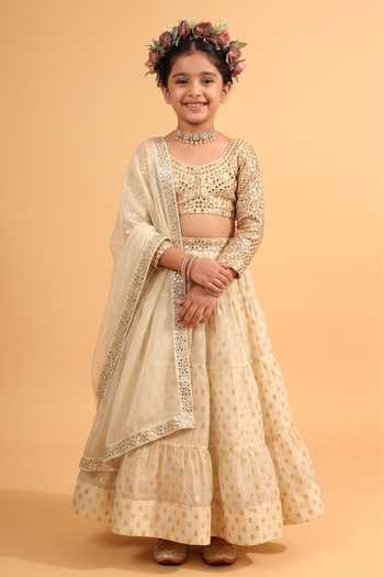Neha Khullar Ivory Banarasi Organza Tiered Lehenga Set For Kids
