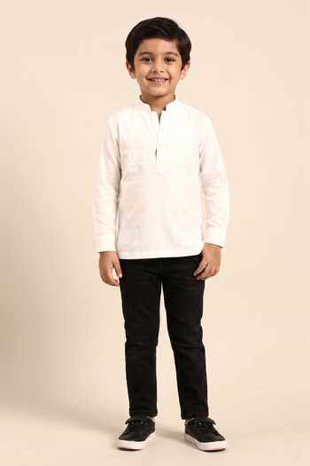Buy Mayank Modi - Men White Cotton Solid Cuff Sleeve Short Kurta For Kids at Aza Fashions Buy_Mayank Modi - Men_White Cotton Solid Cuff Sleeve Short Kurta For Kids_at_Aza_Fashions