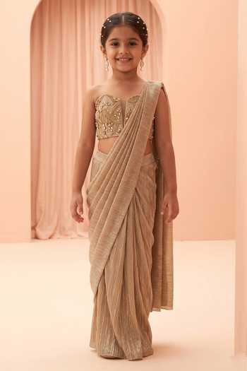 Parul Gandhi Gold Embellished Pre-Draped Saree & Corset For Kids
