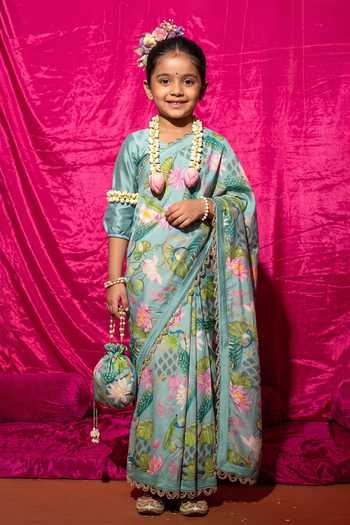 Chrkha Floral Printed Chanderi Silk Saree For Kids
