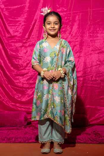 Chrkha Floral Printed Kurta Set With Dupatta For Kids