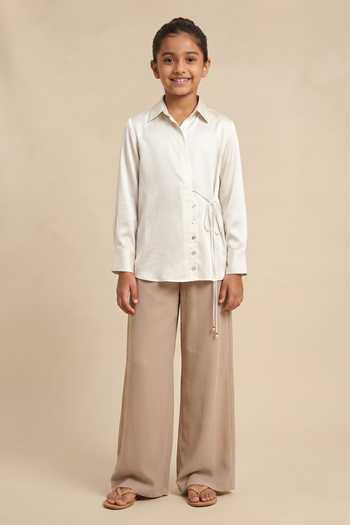 Neora By Nehal Chopra Ivory White Wrap Shirt For Kids