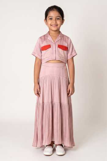 Neora By Nehal Chopra Colour Block Pocket Crop Shirt With Skirt For Kids