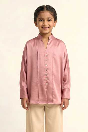 Neora By Nehal Chopra Pink Mandarin Collar Shirt For Kids