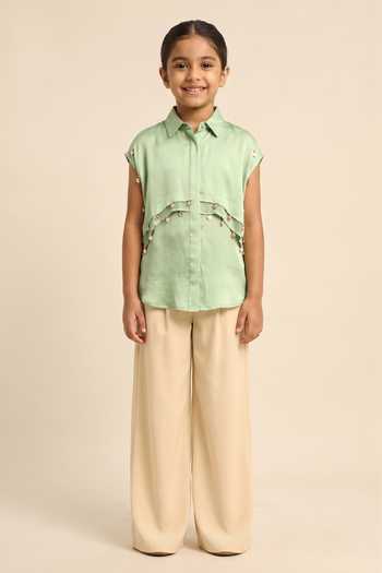 Neora By Nehal Chopra Ash Green Coin Flap Shirt For Kids