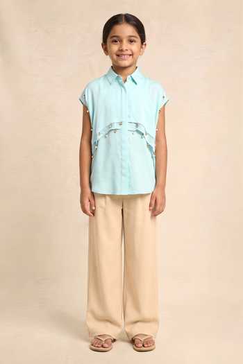Neora By Nehal Chopra Tropical Breeze Blue Coin Flap Shirt For Kids