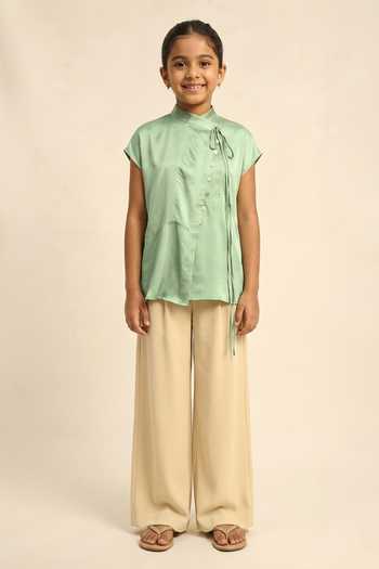 Neora By Nehal Chopra Ash Green Crew Neck Top For Kids