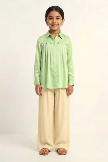 Neora By Nehal Chopra Ash Green Gathered Shirt For Kids
