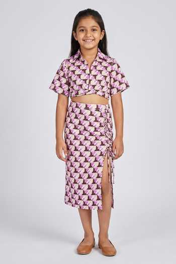 Senren By Eshana Raut Geometric Print Cropped Shirt With Midi Skirt For Kids