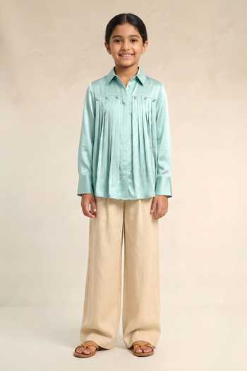 Neora By Nehal Chopra Tropical Breeze Blue Gathered Shirt For Kids