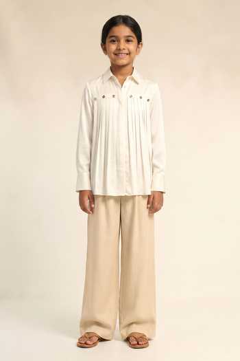 Neora By Nehal Chopra Ivory White Gathered Shirt For Kids