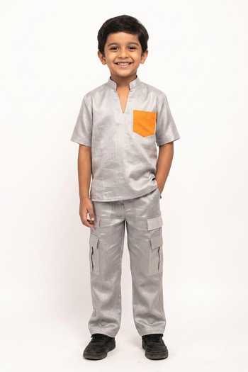Neora By Nehal Chopra Chinese Collar Plain Shirt For Kids