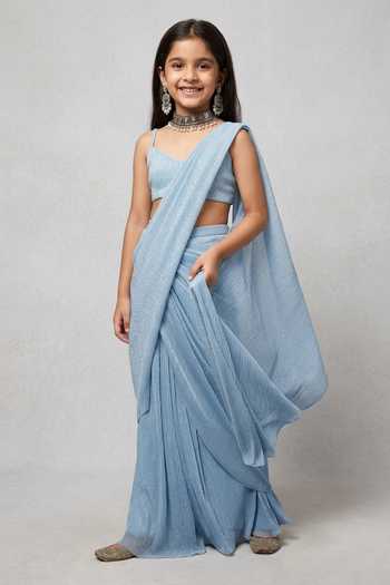 Senren By Eshana Raut Pre-Draped Glitter Finish Saree With Blouse For Kids