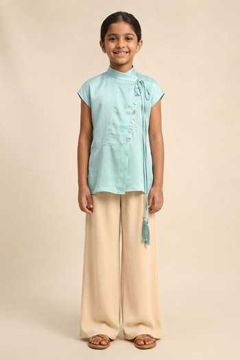Neora By Nehal Chopra Tropical Breeze Blue Crew Neck Top For Kids