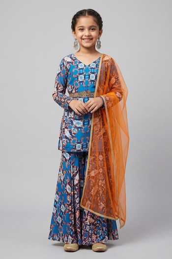 Senren By Eshana Raut Abstract Geometric Print Kurti & Gharara Set For Kids