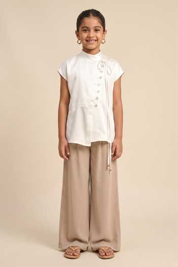 Neora By Nehal Chopra Ivory White Crew Neck Top For Kids